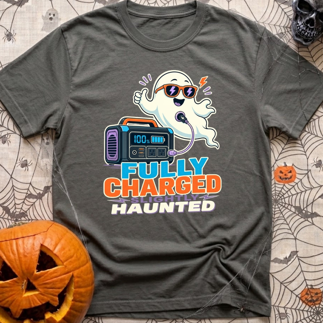 Fully Charged Spirits - T-Shirt in Pepper - A cartoon ghost wearing sunglasses gives a thumbs up while a cable connects...