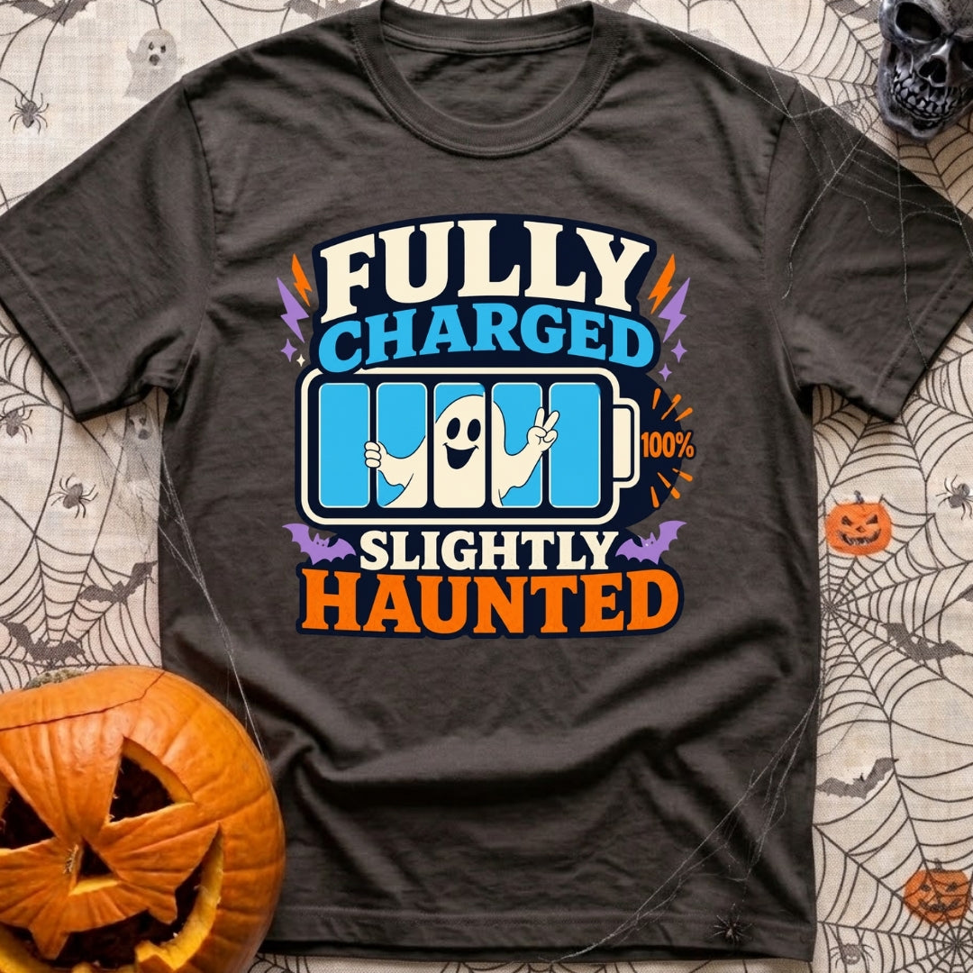 Highly Charged Spirits - T-Shirt in Graphite - A graphic reading "FULLY CHARGED" and "SLIGHTLY HAUNTED" featuring a 100%...