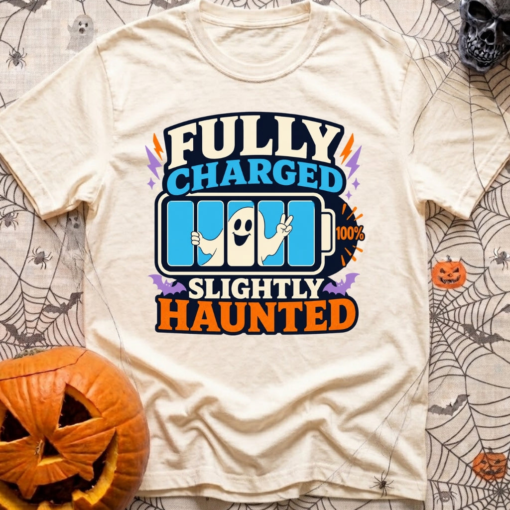 Highly Charged Spirits - T-Shirt in Ivory - A graphic reading "FULLY CHARGED" and "SLIGHTLY HAUNTED" featuring a 100%...