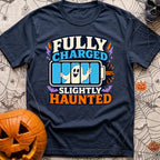 Highly Charged Spirits - T-Shirt in Navy - A graphic reading "FULLY CHARGED" and "SLIGHTLY HAUNTED" featuring a 100% full...