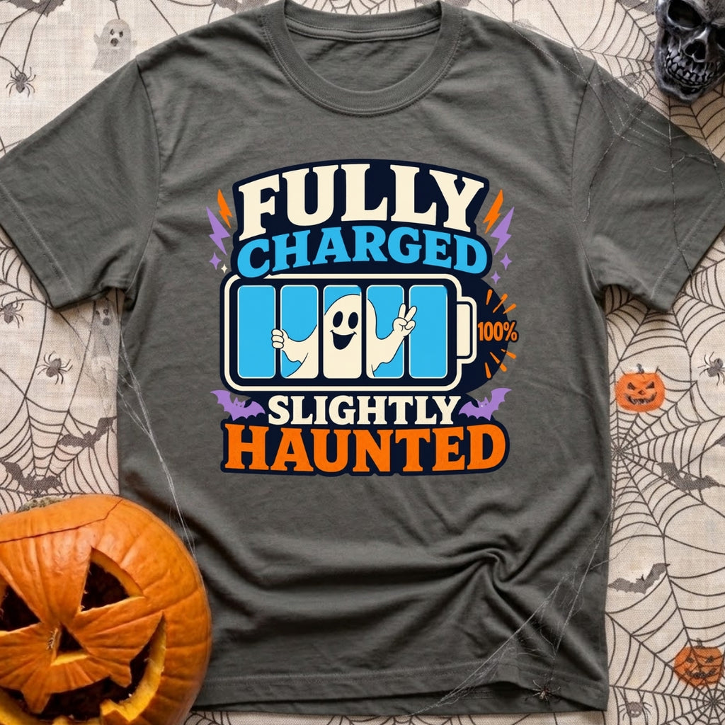 Highly Charged Spirits - T-Shirt in Pepper - A graphic reading "FULLY CHARGED" and "SLIGHTLY HAUNTED" featuring a 100%...