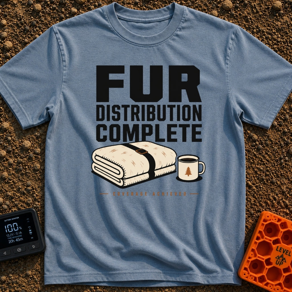 Fur Coating Applied - T-Shirt in Blue Jean - The design features the large text "FUR DISTRIBUTION COMPLETE" and "COVERAGE...