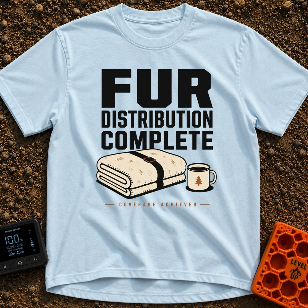 Fur Coating Applied - T-Shirt in Chambray - The design features the large text "FUR DISTRIBUTION COMPLETE" and "COVERAGE...