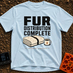 Fur Coating Applied - T-Shirt in Chambray - The design features the large text "FUR DISTRIBUTION COMPLETE" and "COVERAGE...