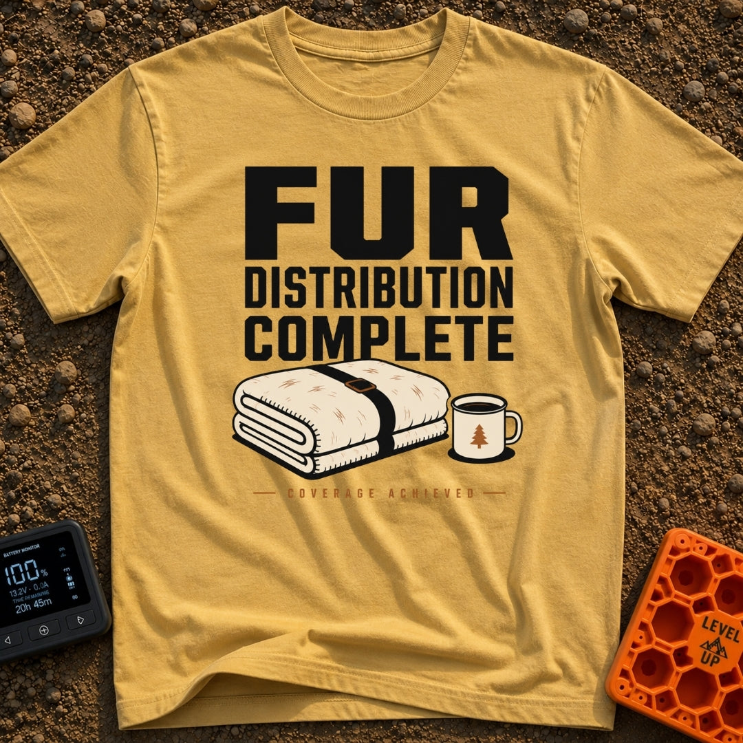 Fur Coating Applied - T-Shirt in Mustard - The design features the large text "FUR DISTRIBUTION COMPLETE" and "COVERAGE...