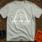 Gateway To The Grid - T-Shirt in Bay - A black and white illustration of a camper van parked beneath the St. Louis...