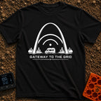 Gateway To The Grid - T-Shirt in Black - A black and white illustration of a camper van parked beneath the St. Louis...