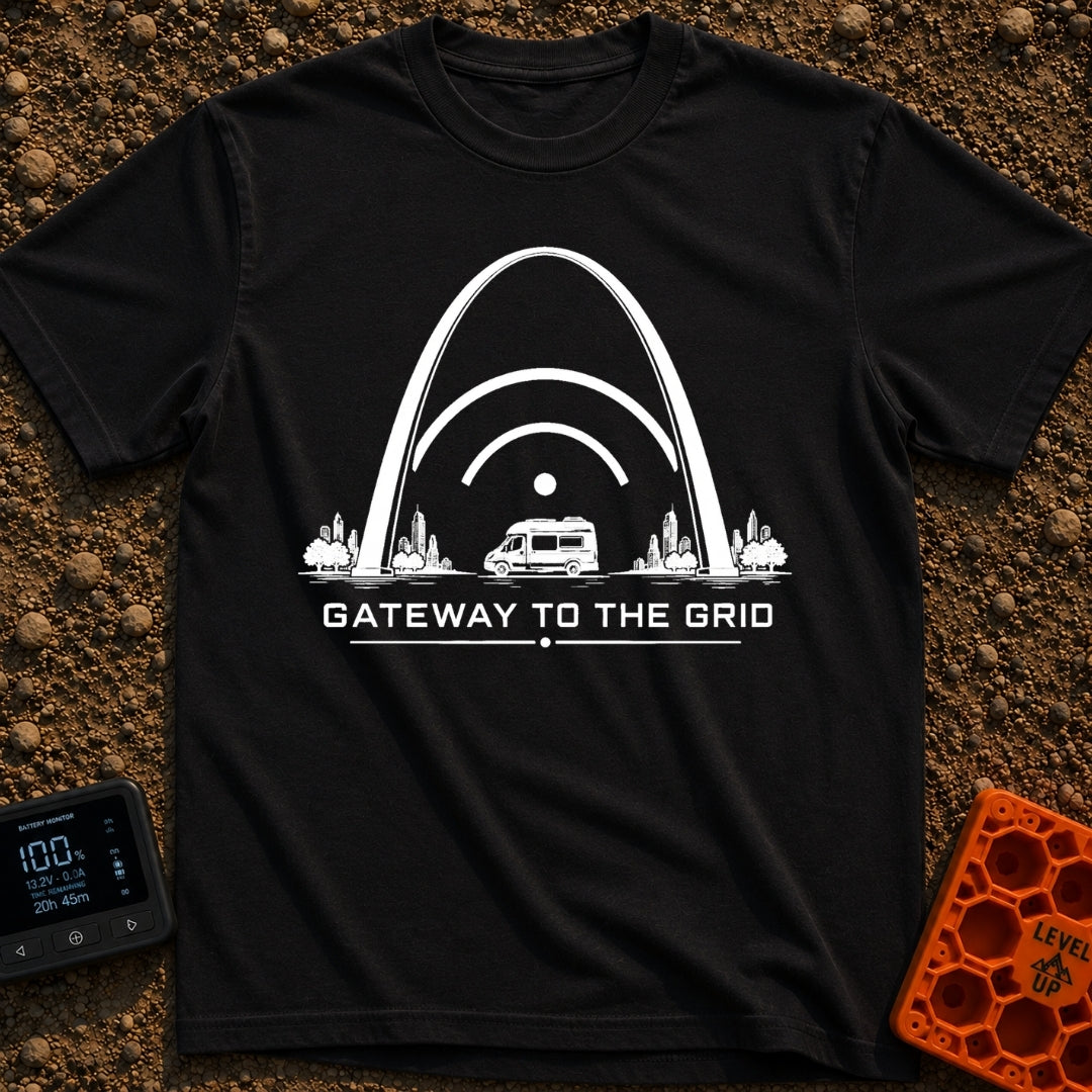 Gateway To The Grid - T-Shirt in Black - A black and white illustration of a camper van parked beneath the St. Louis...