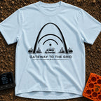 Gateway To The Grid - T-Shirt in Chambray - A black and white illustration of a camper van parked beneath the St. Louis...