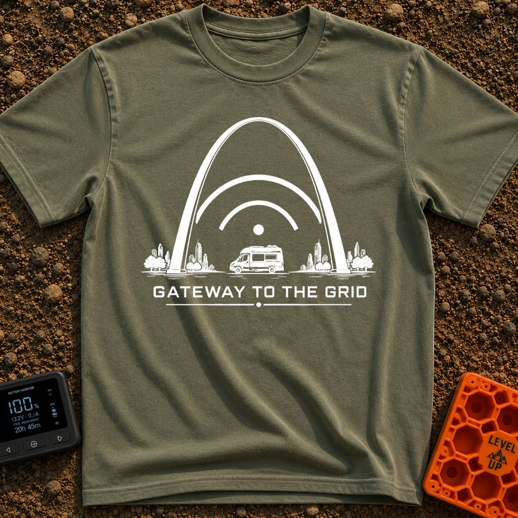 Gateway To The Grid - T-Shirt in Moss - A black and white illustration of a camper van parked beneath the St. Louis...