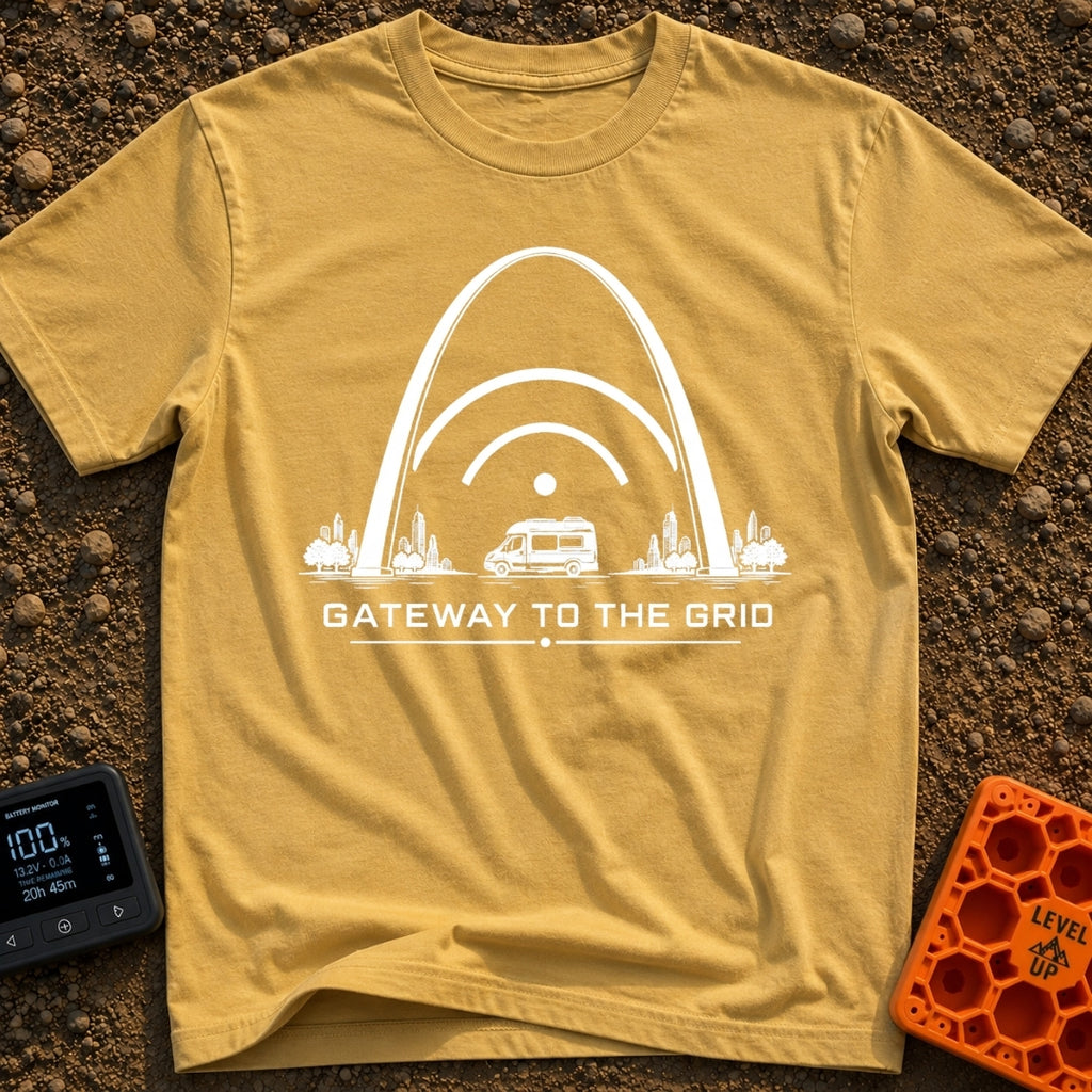 Gateway To The Grid - T-Shirt in Mustard - A black and white illustration of a camper van parked beneath the St. Louis...