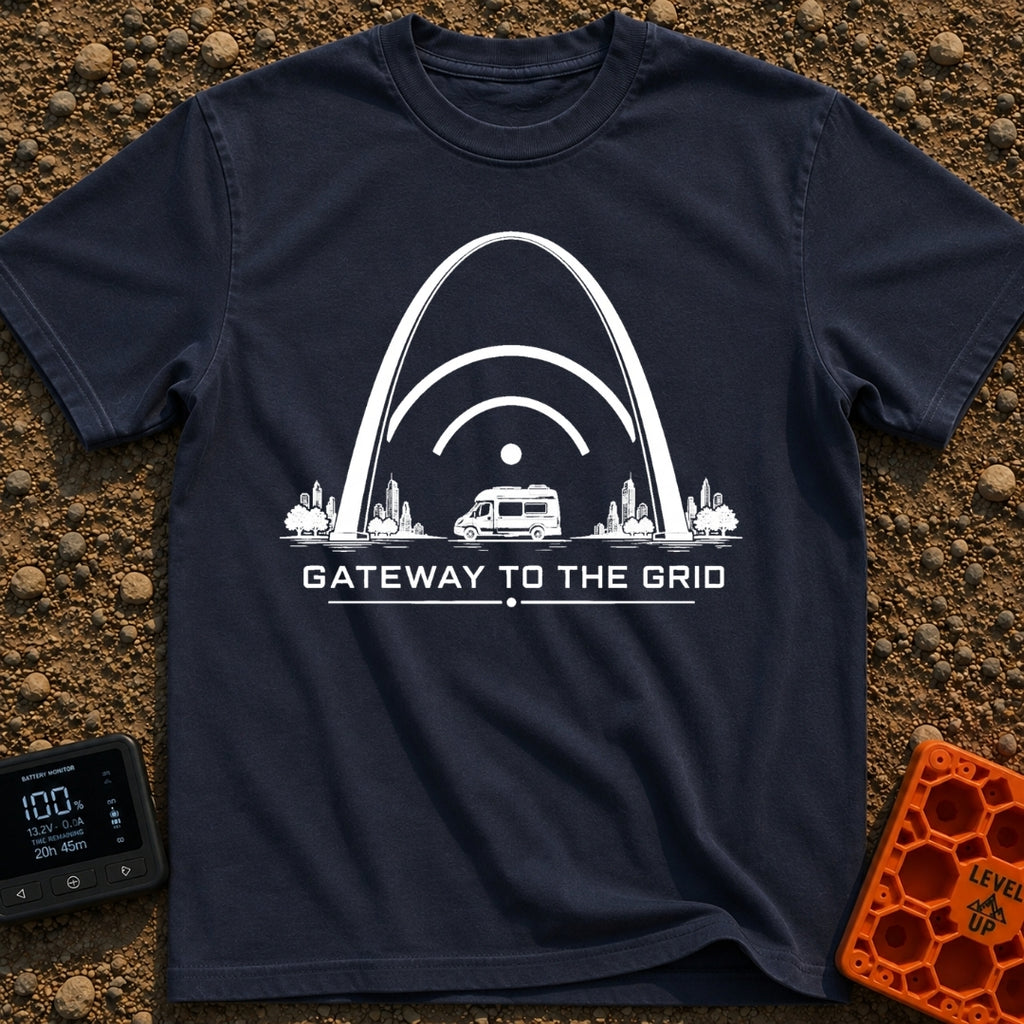 Gateway To The Grid - T-Shirt in Navy - A black and white illustration of a camper van parked beneath the St. Louis...