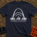 Gateway To The Grid - T-Shirt in Navy - A black and white illustration of a camper van parked beneath the St. Louis...