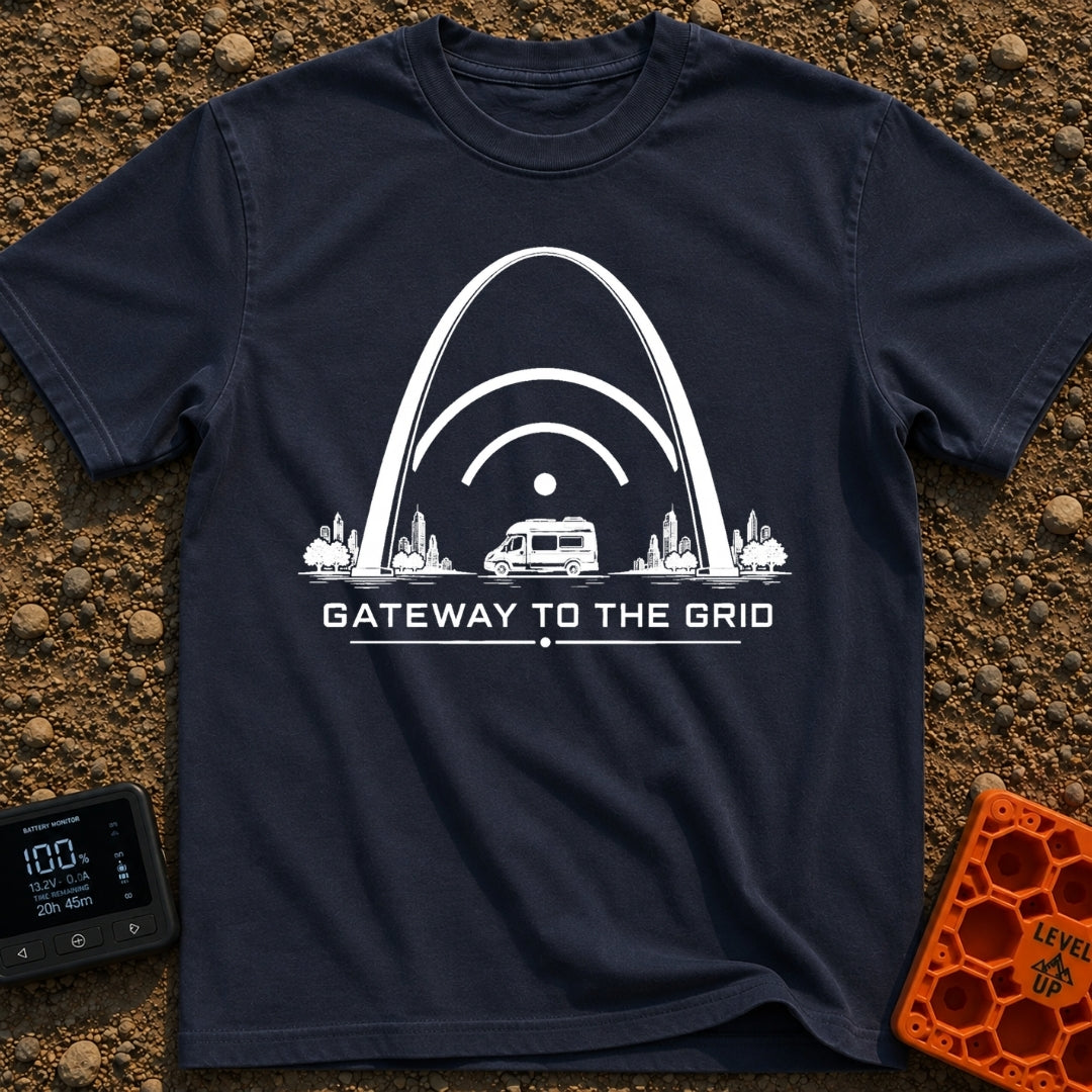 Gateway To The Grid - T-Shirt in Navy - A black and white illustration of a camper van parked beneath the St. Louis...