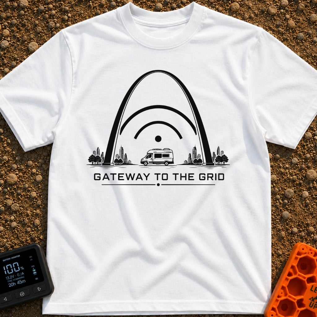 Gateway To The Grid - T-Shirt in White - A black and white illustration of a camper van parked beneath the St. Louis...