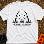 Gateway To The Grid - T-Shirt in White - A black and white illustration of a camper van parked beneath the St. Louis...