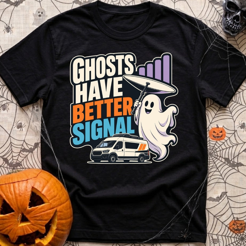 Ghosts Have Better Bars - T-Shirt in Black - A cartoon illustration of a smiling ghost holding a satellite dish next to...