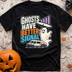 Ghosts Have Better Bars - T-Shirt in Black - A cartoon illustration of a smiling ghost holding a satellite dish next to...