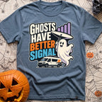 Ghosts Have Better Bars - T-Shirt in Blue Jean - A cartoon illustration of a smiling ghost holding a satellite dish next...