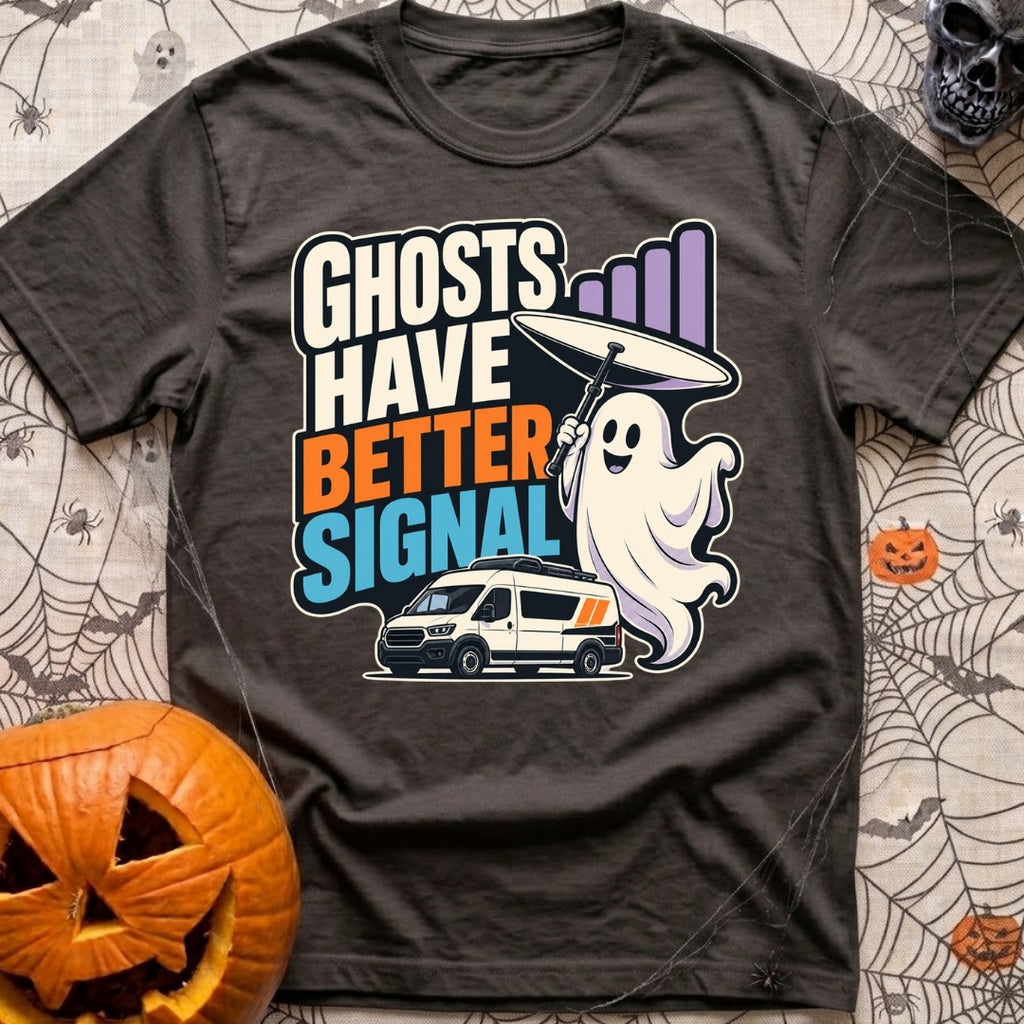 Ghosts Have Better Bars - T-Shirt in Graphite - A cartoon illustration of a smiling ghost holding a satellite dish next...