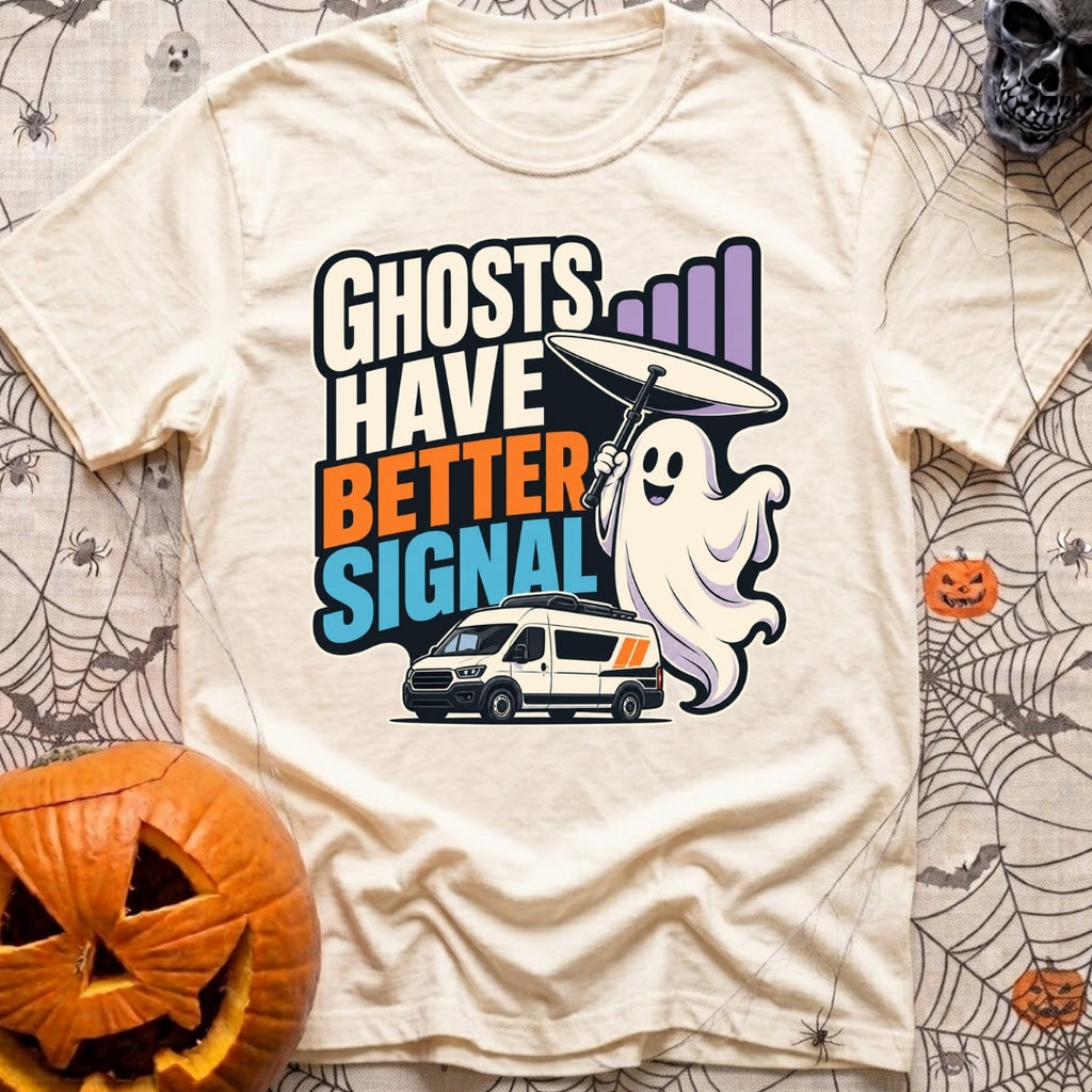 Ghosts Have Better Bars - T-Shirt in Ivory - A cartoon illustration of a smiling ghost holding a satellite dish next to...