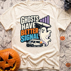 Ghosts Have Better Bars - T-Shirt in Ivory - A cartoon illustration of a smiling ghost holding a satellite dish next to...