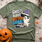 Ghosts Have Better Bars - T-Shirt in Moss - A cartoon illustration of a smiling ghost holding a satellite dish next to...