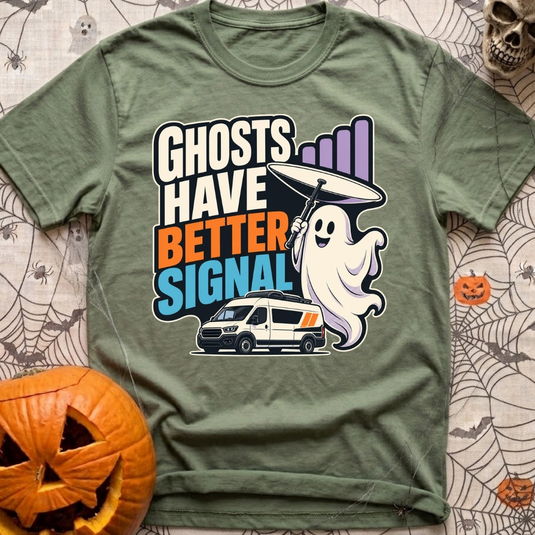 Ghosts Have Better Bars - T-Shirt in Moss - A cartoon illustration of a smiling ghost holding a satellite dish next to...