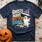 Ghosts Have Better Bars - T-Shirt in Navy - A cartoon illustration of a smiling ghost holding a satellite dish next to...