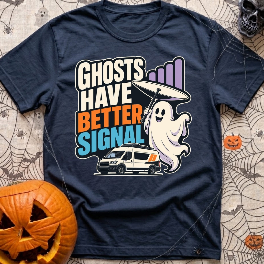 Ghosts Have Better Bars - T-Shirt in Navy - A cartoon illustration of a smiling ghost holding a satellite dish next to...