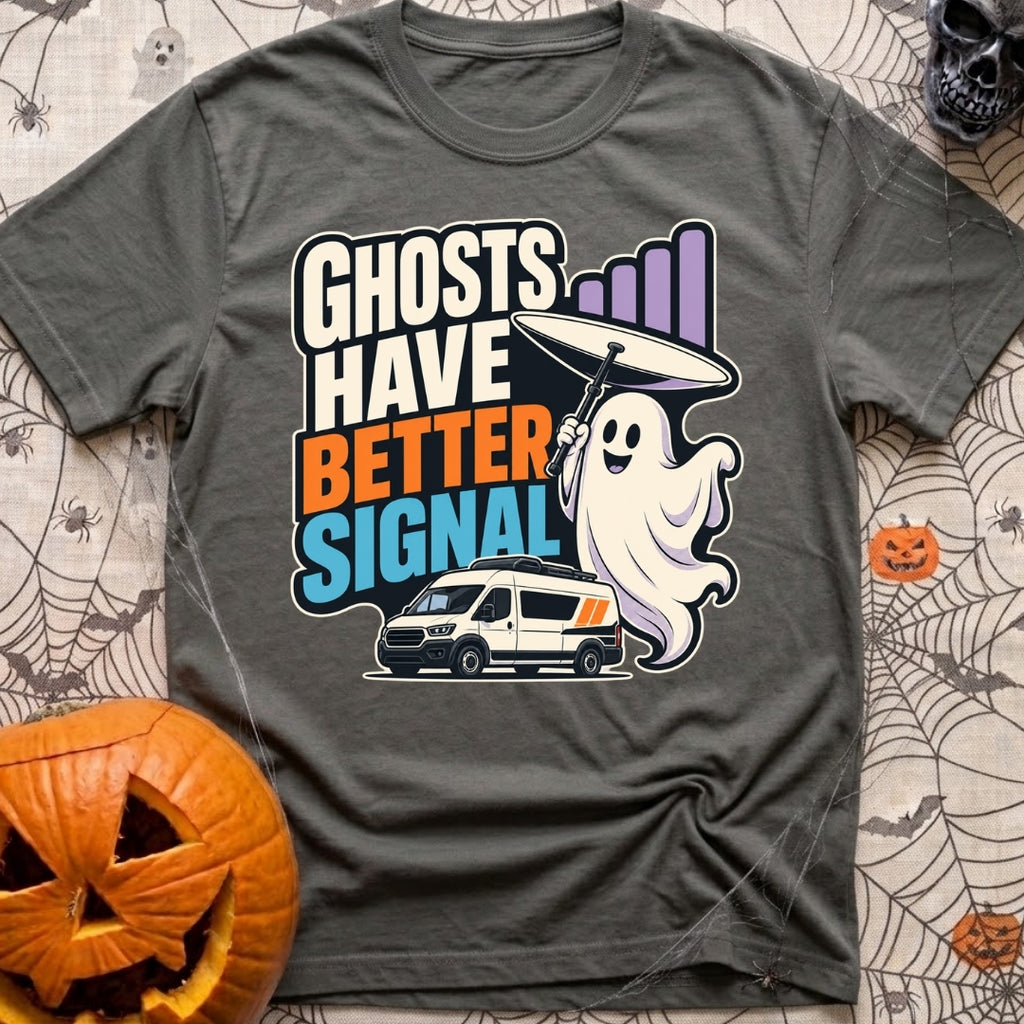 Ghosts Have Better Bars - T-Shirt in Pepper - A cartoon illustration of a smiling ghost holding a satellite dish next to...