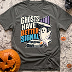 Ghosts Have Better Bars - T-Shirt in Pepper - A cartoon illustration of a smiling ghost holding a satellite dish next to...