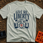 Liberty Or Wi Fi - T-Shirt in Bay - A typographic design featuring the phrase "GIVE ME LIBERTY OR GIVE ME WI-FI" in...