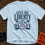 Liberty Or Wi Fi - T-Shirt in Chambray - A typographic design featuring the phrase "GIVE ME LIBERTY OR GIVE ME WI-FI" in...