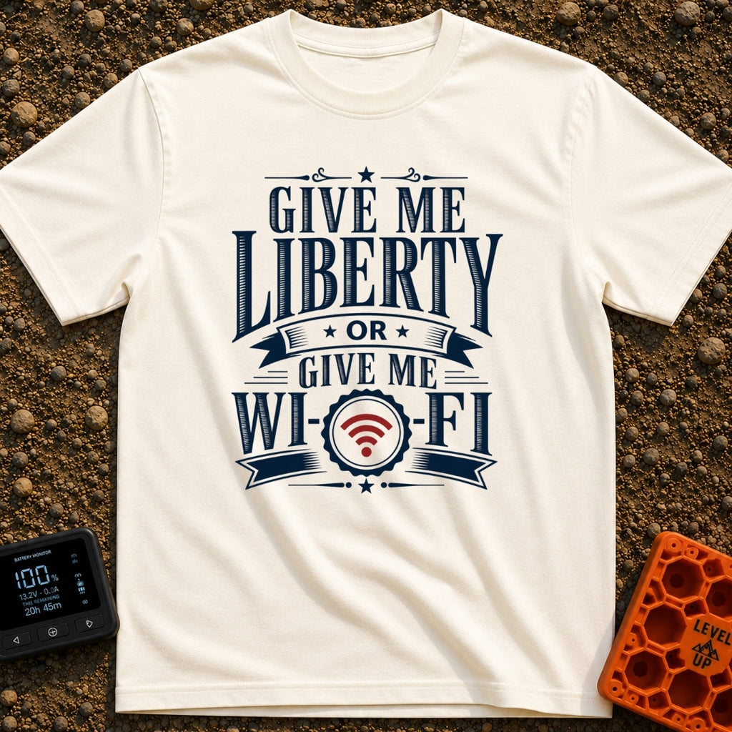 Liberty Or Wi Fi - T-Shirt in Ivory - A typographic design featuring the phrase "GIVE ME LIBERTY OR GIVE ME WI-FI" in...