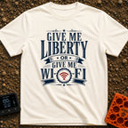 Liberty Or Wi Fi - T-Shirt in Ivory - A typographic design featuring the phrase "GIVE ME LIBERTY OR GIVE ME WI-FI" in...