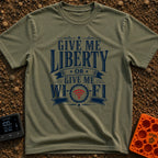 Liberty Or Wi Fi - T-Shirt in Moss - A typographic design featuring the phrase "GIVE ME LIBERTY OR GIVE ME WI-FI" in...