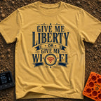 Liberty Or Wi Fi - T-Shirt in Mustard - A typographic design featuring the phrase "GIVE ME LIBERTY OR GIVE ME WI-FI" in...