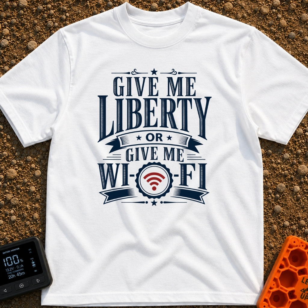 Liberty Or Wi Fi - T-Shirt in White - A typographic design featuring the phrase "GIVE ME LIBERTY OR GIVE ME WI-FI" in...