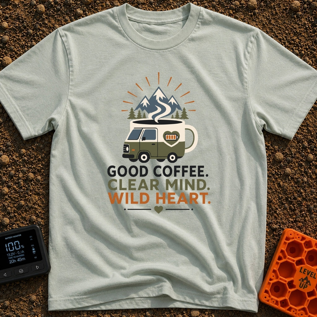 Brewed for Adventure - T-Shirt in Bay - An illustration of a camper van shaped like a coffee mug with a full battery icon...