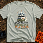 Brewed for Adventure - T-Shirt in Bay - An illustration of a camper van shaped like a coffee mug with a full battery icon...