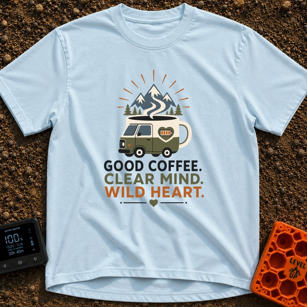 Brewed for Adventure - T-Shirt in Chambray - An illustration of a camper van shaped like a coffee mug with a full battery...