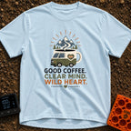 Brewed for Adventure - T-Shirt in Chambray - An illustration of a camper van shaped like a coffee mug with a full battery...