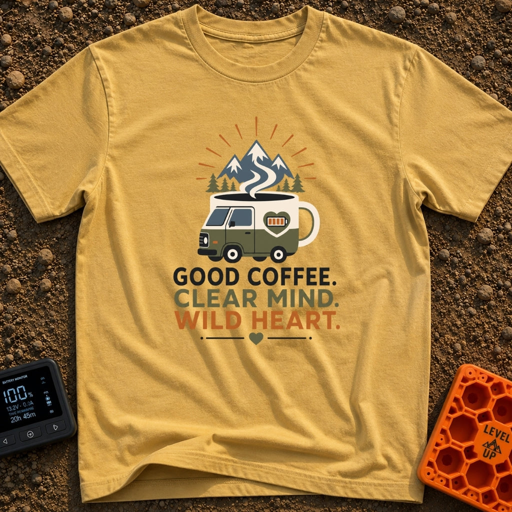Brewed for Adventure - T-Shirt in Mustard - An illustration of a camper van shaped like a coffee mug with a full battery...