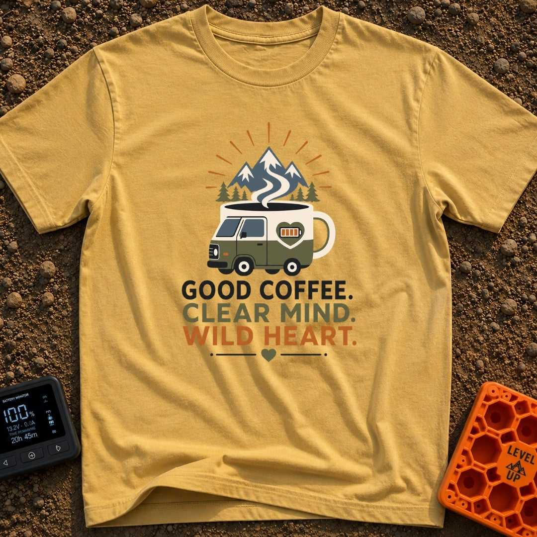 Brewed for Adventure - T-Shirt in Mustard - An illustration of a camper van shaped like a coffee mug with a full battery...