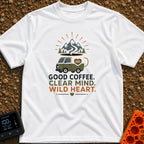 Brewed for Adventure - T-Shirt in White - An illustration of a camper van shaped like a coffee mug with a full battery...