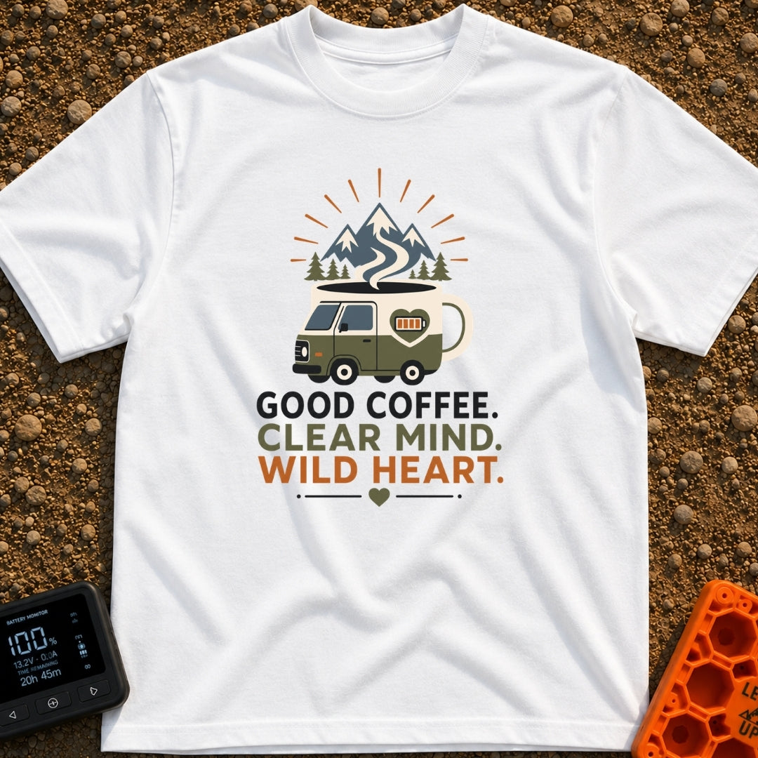 Brewed for Adventure - T-Shirt in White - An illustration of a camper van shaped like a coffee mug with a full battery...