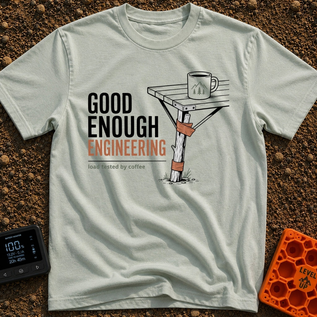 Good Enough Engineering - T-Shirt in Bay - An illustration showing a folding camp table repaired with a wooden branch and...