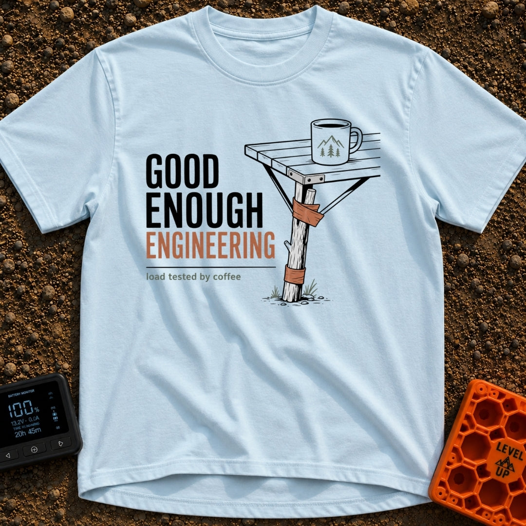 Good Enough Engineering - T-Shirt in Chambray - An illustration showing a folding camp table repaired with a wooden...