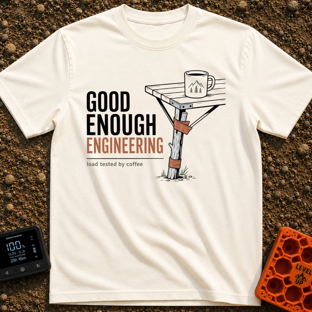 Good Enough Engineering - T-Shirt in Ivory - An illustration showing a folding camp table repaired with a wooden branch...
